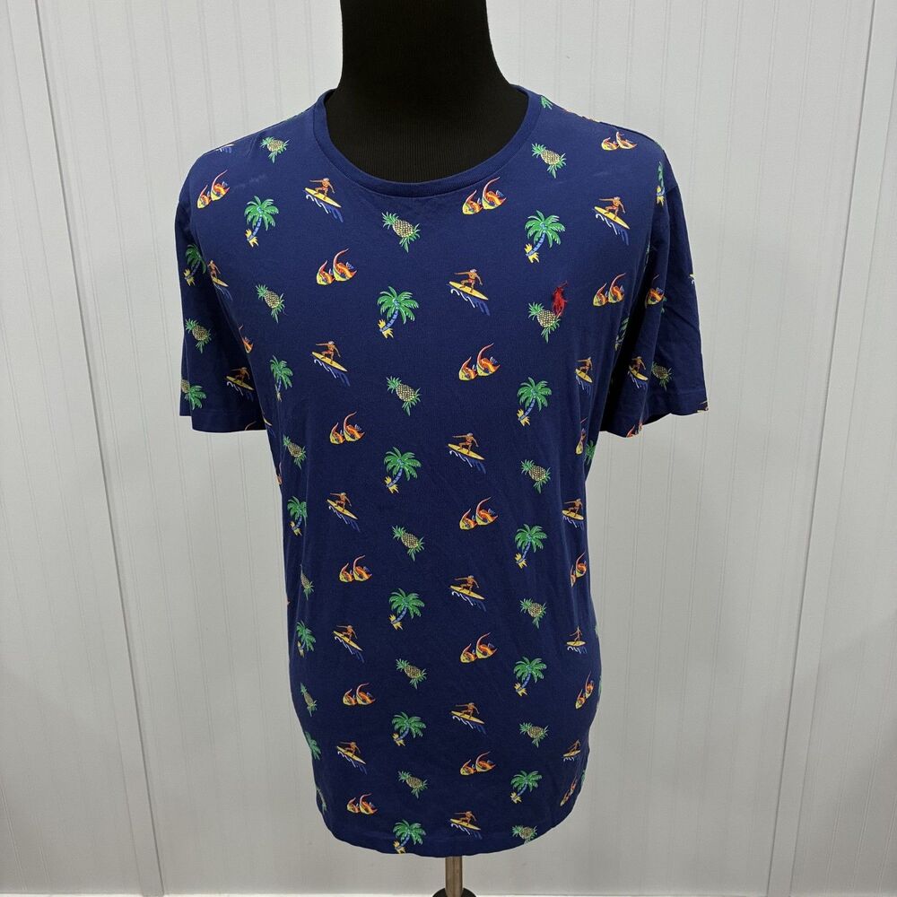 Polo Ralph Lauren Men's XXL Blue AOP Hawaiian Surfer Pineapple Fish Palm Tree